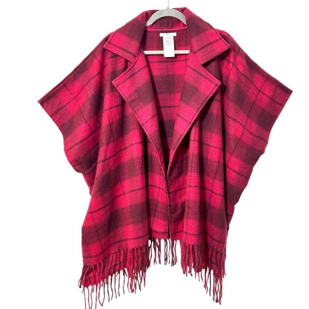 Isaac Mizrahi Live! Soft dark pink plaid ruana with collar one size